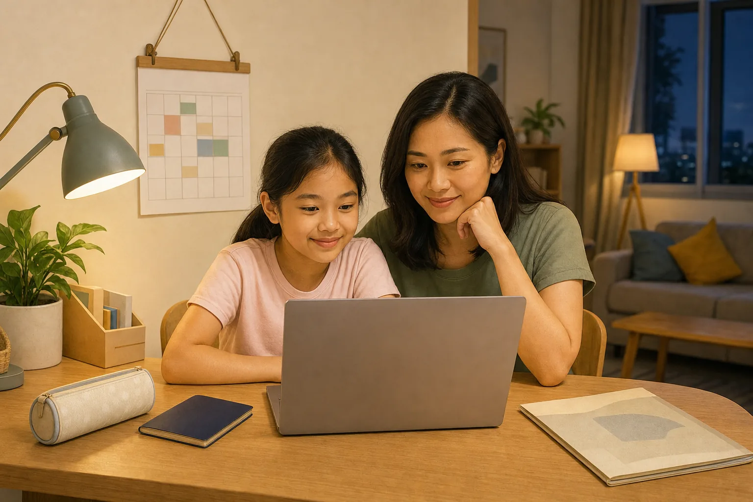 A mother and her young daughter at a home desk looking at a laptop together, with a passport, a document folder and a wall calendar beside them