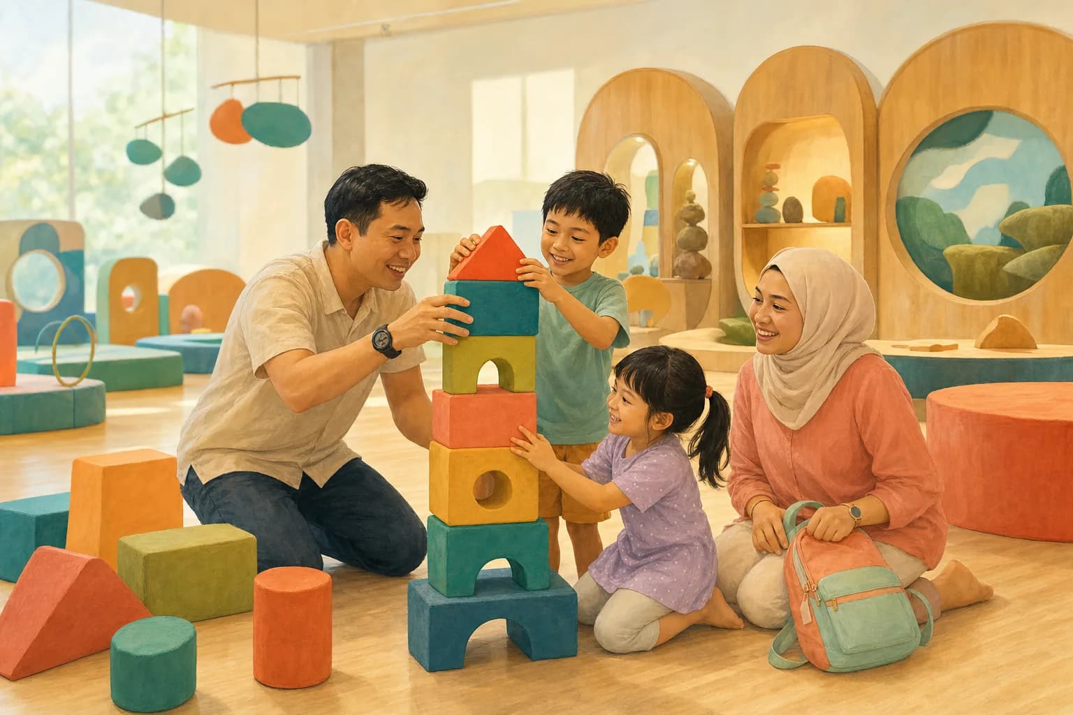 A father and two young children building a structure from large soft blocks in a bright, airy children's museum gallery, with a mother looking on