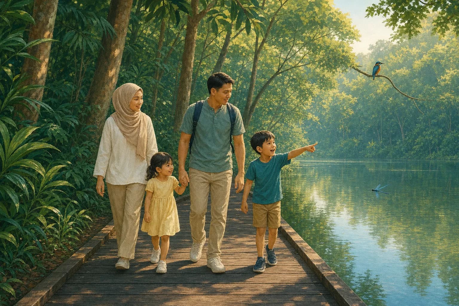 Two parents and two young children walking along a wooden boardwalk at the edge of a calm reservoir surrounded by dense tropical forest, the older child pointing at a dragonfly over the water