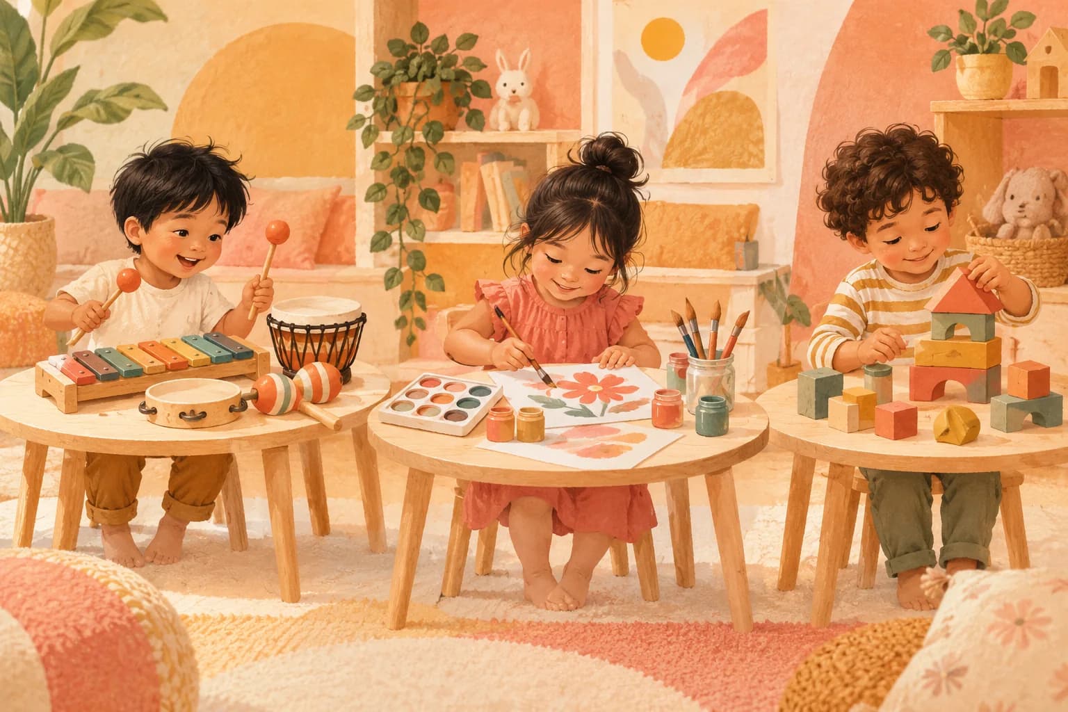 Conceptual illustration of a choice of music, art and building materials arranged on three child-sized tables.