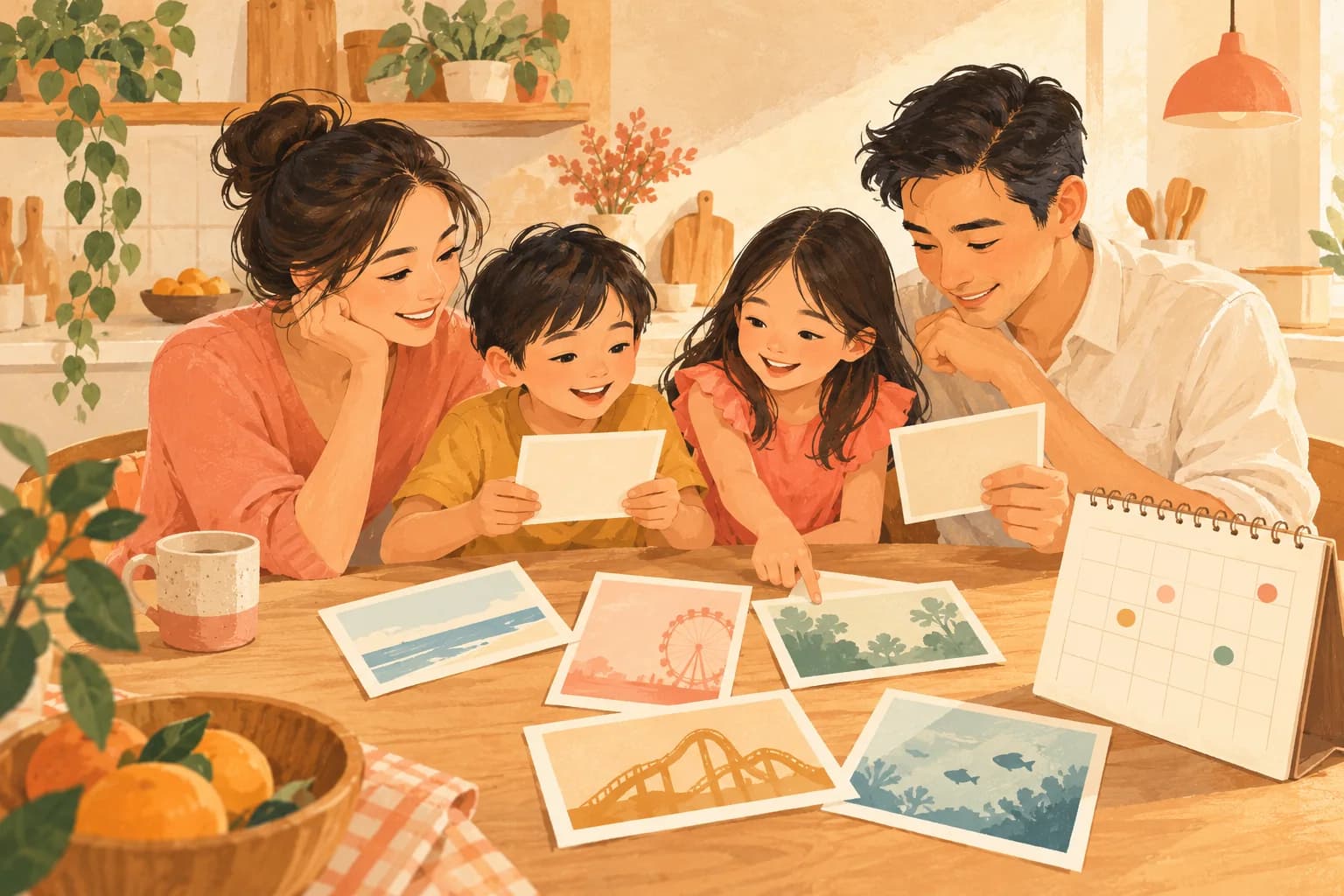 Conceptual illustration of a family comparing several blank attraction cards and a simple calendar at the kitchen table.