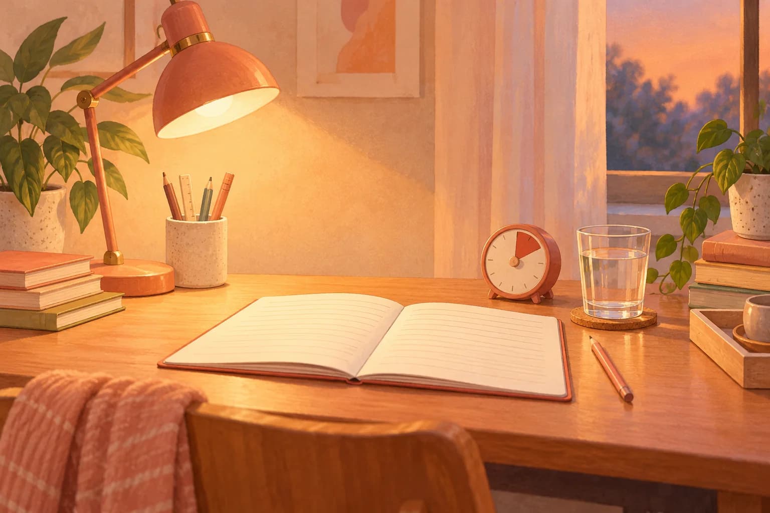 Conceptual illustration of a calm evening desk with an open blank school notebook, lamp, timer and cup of water.