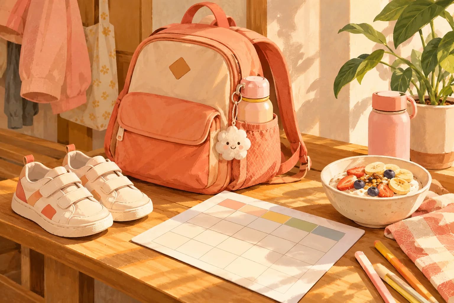 Conceptual illustration of a school bag, shoes, timetable grid without writing and breakfast bowl laid out for morning.