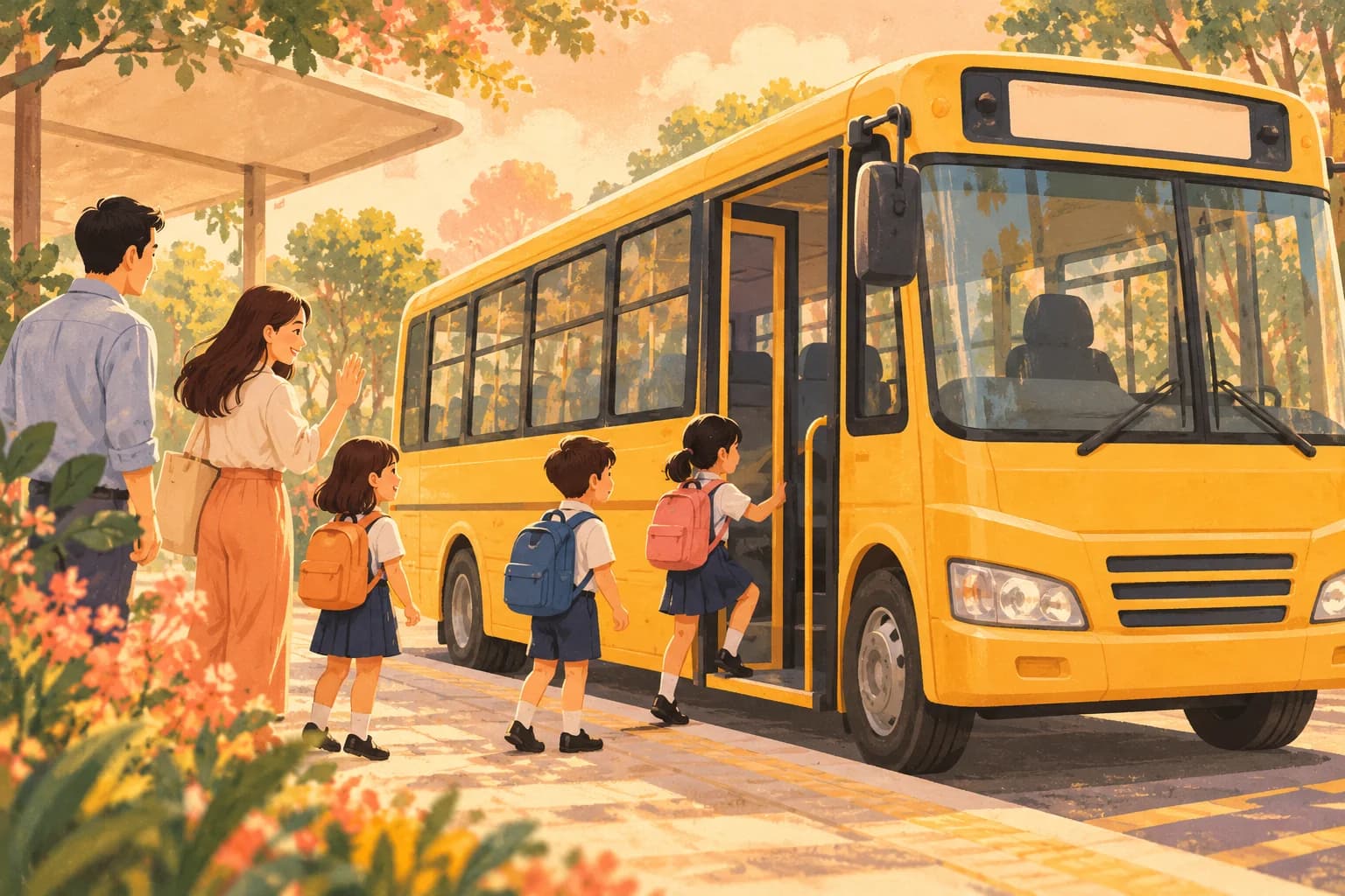 Conceptual illustration of a generic yellow school bus parked at a pickup point with a blank route card and no operator branding.