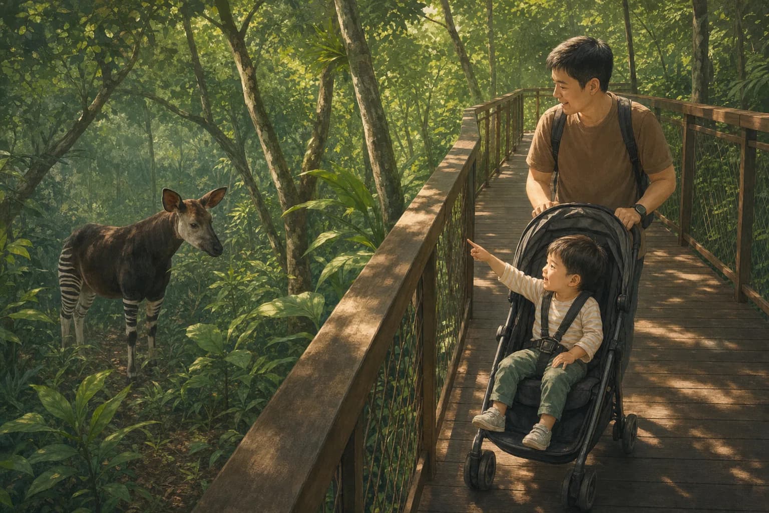 A parent pushing a stroller along a sheltered elevated forest walkway with a young child pointing excitedly at a shy, striped-legged animal half hidden among dense green trees