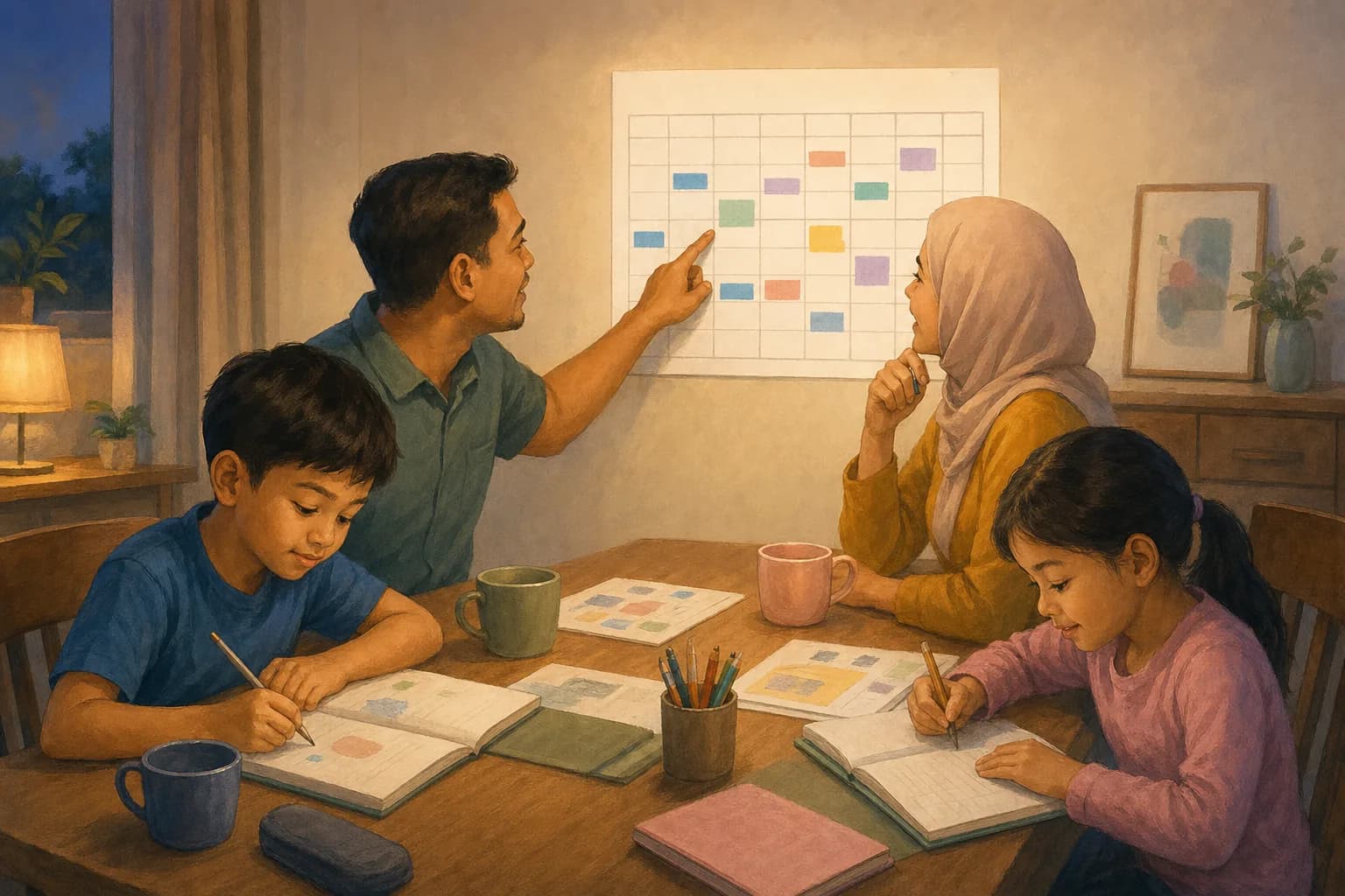 Two working parents at a dining table with a wall calendar marked with school holidays, planning the year's days off while their two primary school children do homework beside them