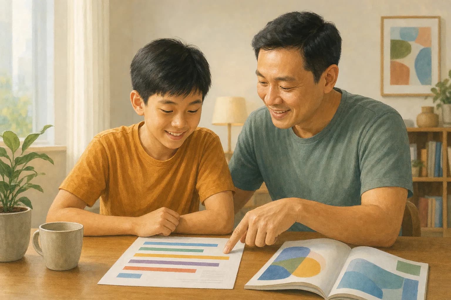 A Primary 6 child and a parent at a table with a printed results slip and a school brochure, the parent pointing at individual subject grades while the child smiles