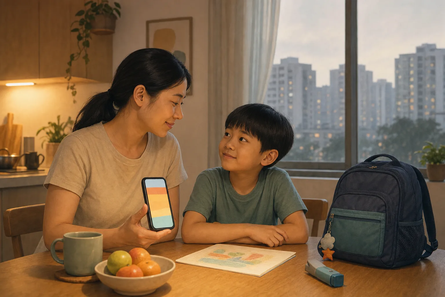 A parent and a primary school child at a kitchen table in the evening, checking an air-quality forecast on a phone beside a packed school bag and an asthma inhaler, with a hazy skyline outside the window