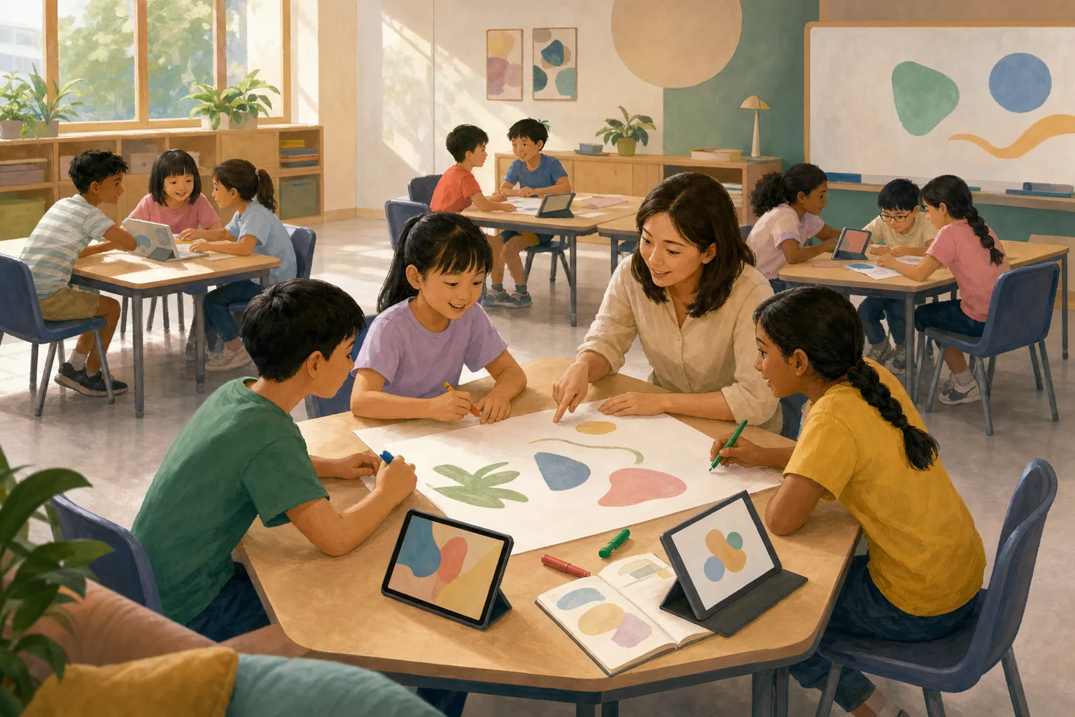 A bright primary school classroom with movable desks grouped in clusters, pupils working on a shared poster while a teacher kneels beside one group, tablets and paper notebooks side by side