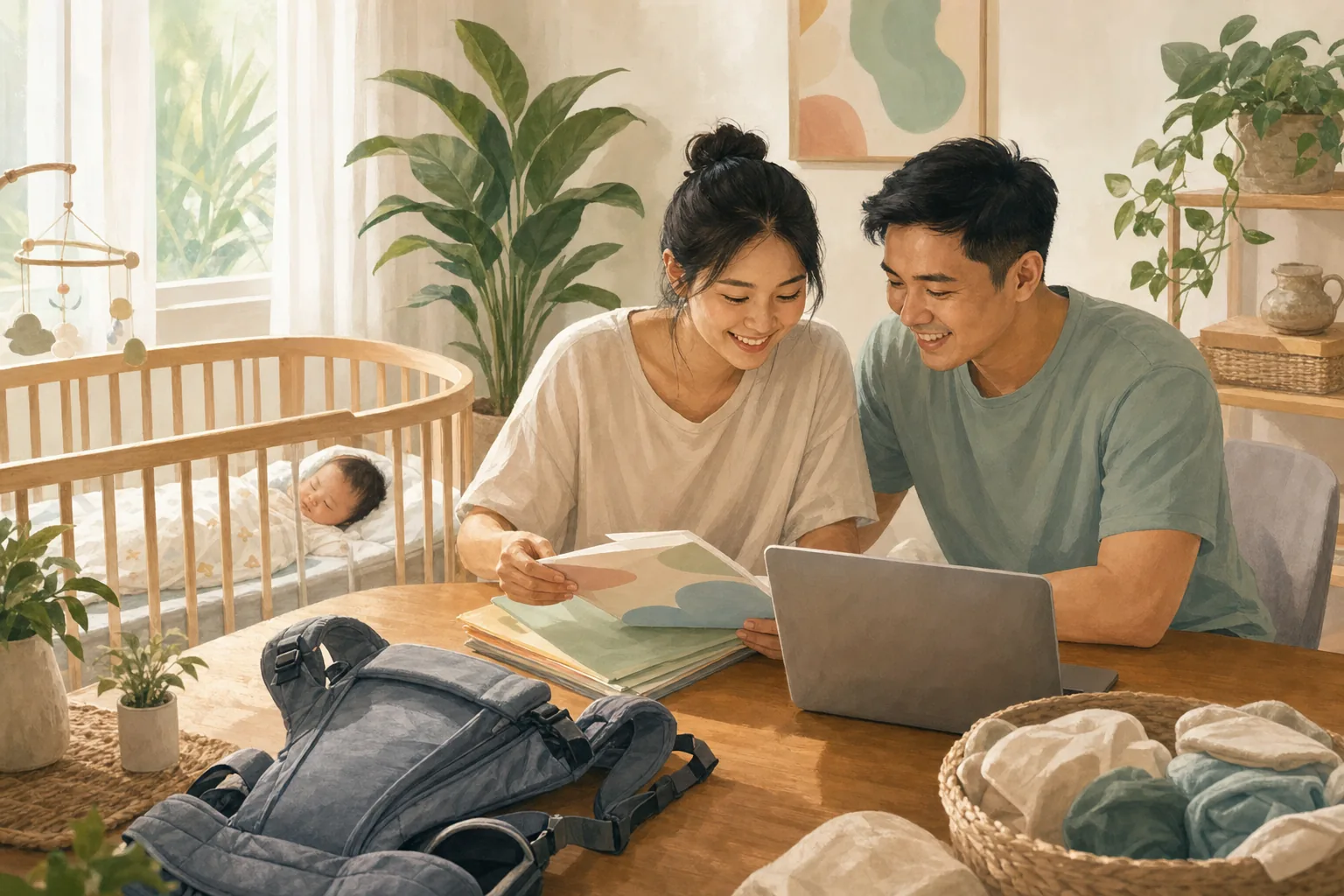 A young couple at home unpacking a newborn's essentials, a baby carrier and a folder of documents on the table, with a laptop open to a blank form
