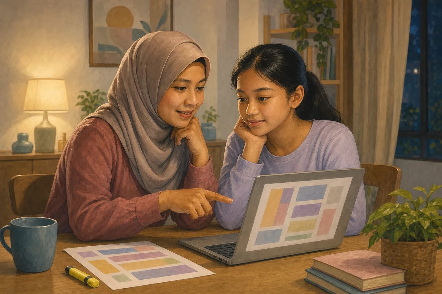 A teenager and a parent at home in the evening comparing course options on a laptop, with a printed form and a highlighter on the table