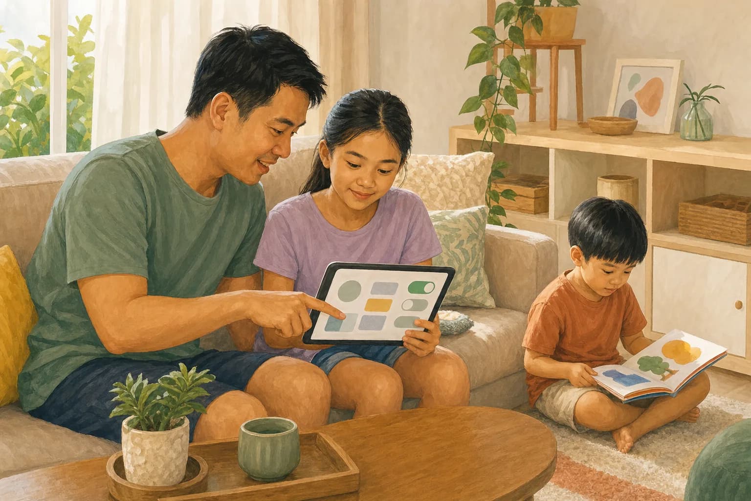 A parent and a pre-teen sitting side by side on a sofa looking at a tablet together, the parent pointing at a settings screen while a younger sibling reads a picture book nearby