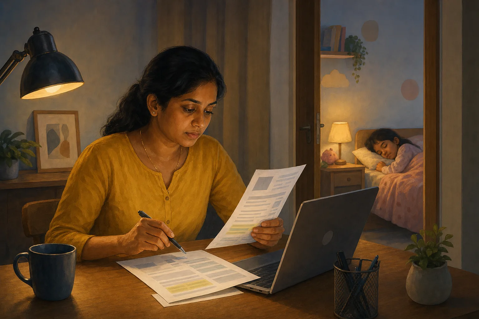 A parent at a laptop at night reviewing a bank statement and a printed student care contract, highlighting a clause with a pen while a child sleeps in the background