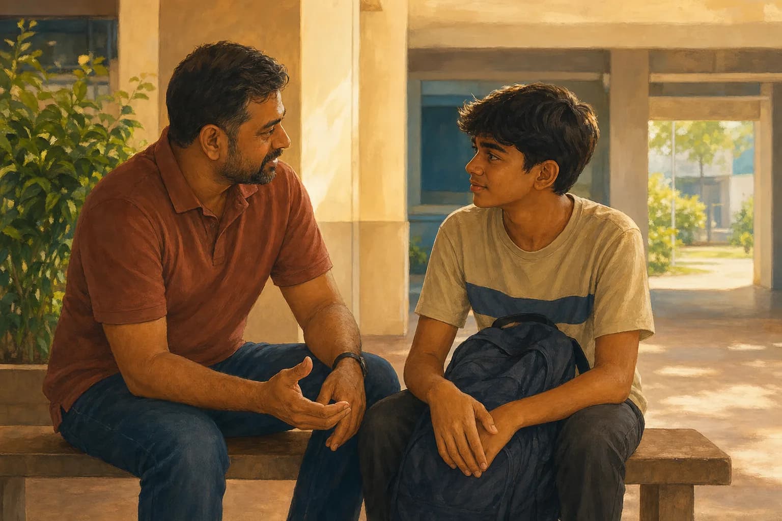 A parent and a teenager talking calmly on a void deck bench in the late afternoon, the teenager holding a school bag, with HDB blocks softly in the background
